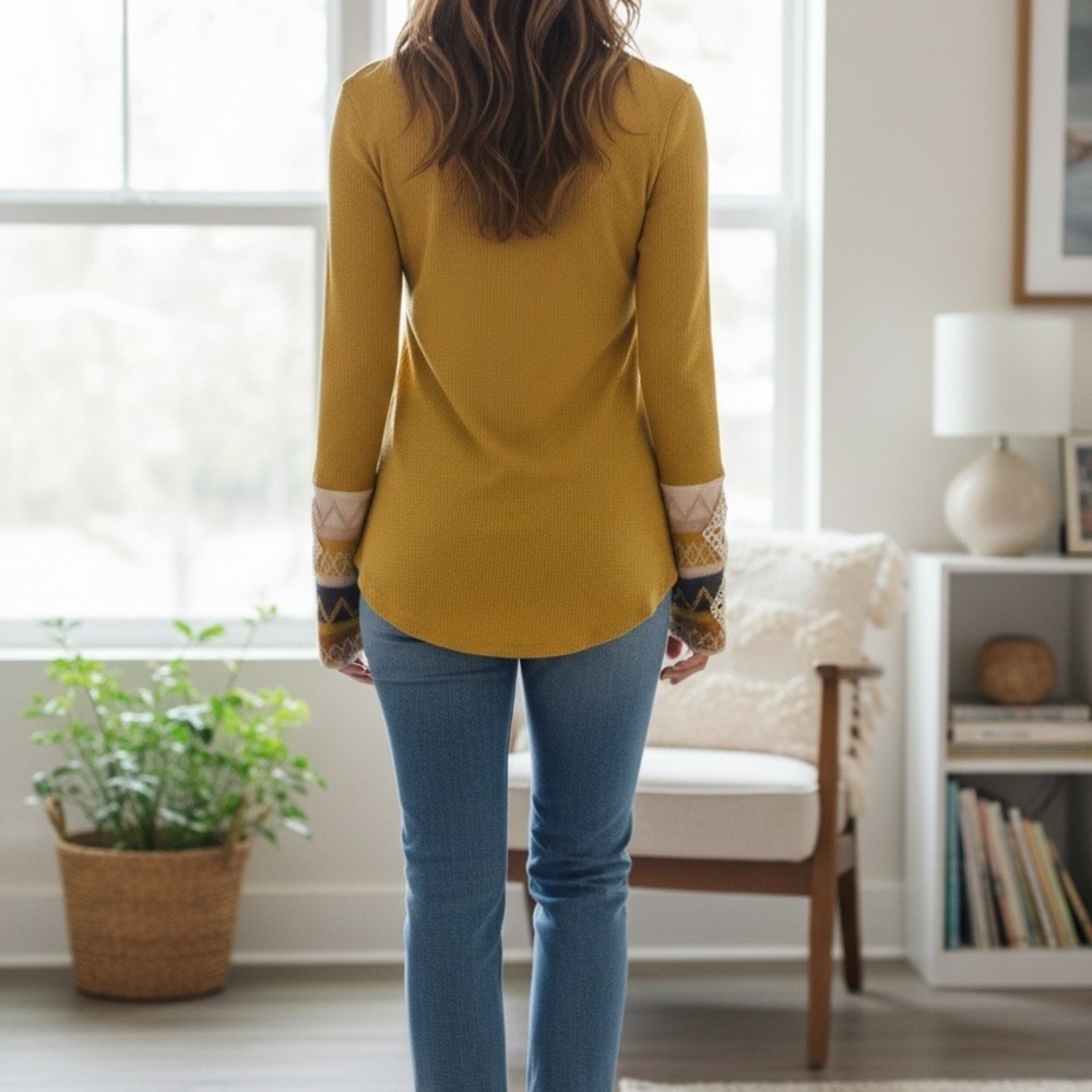 Women's Mustard Yellow Top with Fabric Design Cuffs - Picture 6 of 10